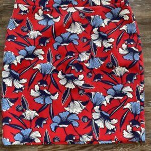 J Crew Stretch Pencil Skirt, Floral Decor Red Blue, Sz 14 - New With Tags